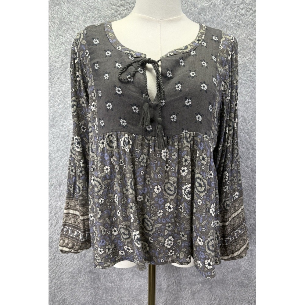 Lucky Brand Womens M Floral Boho Peasant Top Long Sleeve Tie Front Bell Sleeve